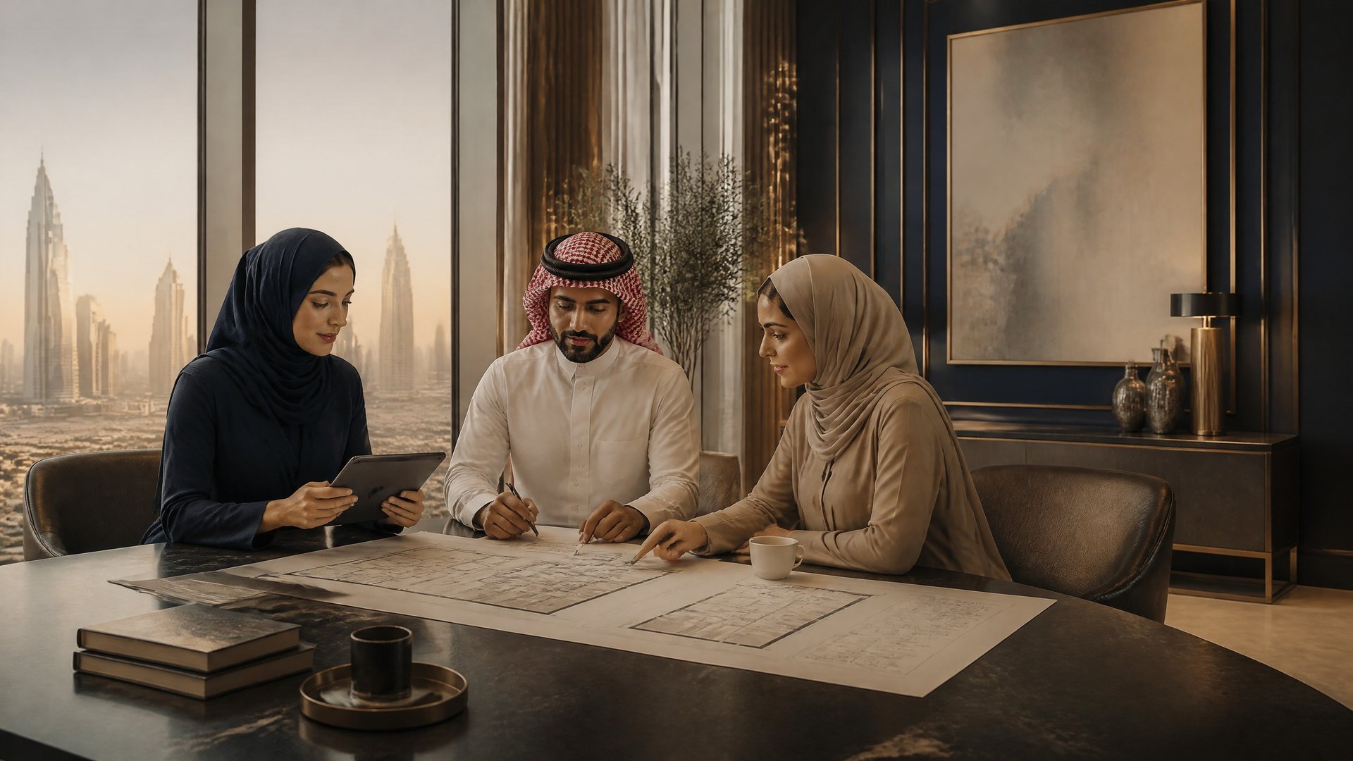 صورة توضيحية لفريق استشاري يناقش مخططًا عقاريًا